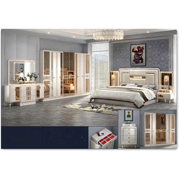 brand new Luxurious king bedroom furniture sets LED lighted modern high gloss complete king size bedroom sets