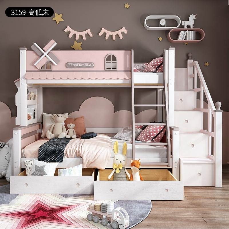 Newury Modern Bedroom Furniture Children Bed Wood Storage Bunk Bed Carton Box Bedroom Sets Small Bed for Kids Solid for Girls