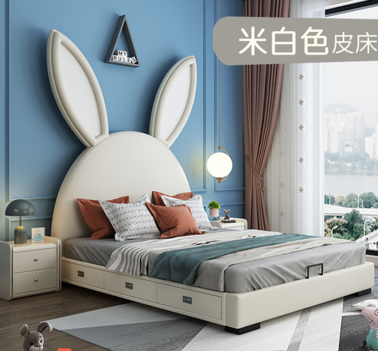 Modern cute children's bed bedroom furniture pink Rabbit ear leather bed 1.2m kids beds