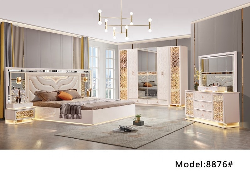 brand new Luxurious king bedroom furniture sets LED lighted modern high gloss complete king size bedroom sets