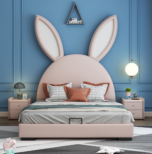 Modern cute children's bed bedroom furniture pink Rabbit ear leather bed 1.2m kids beds