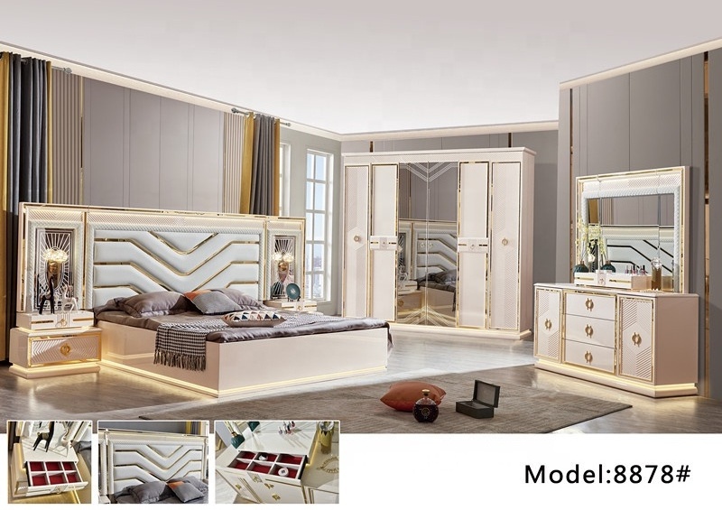 brand new Luxurious king bedroom furniture sets LED lighted modern high gloss complete king size bedroom sets