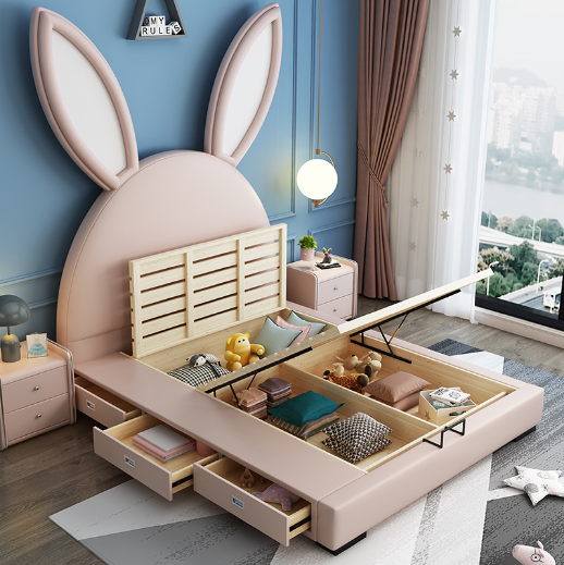 Modern cute children's bed bedroom furniture pink Rabbit ear leather bed 1.2m kids beds