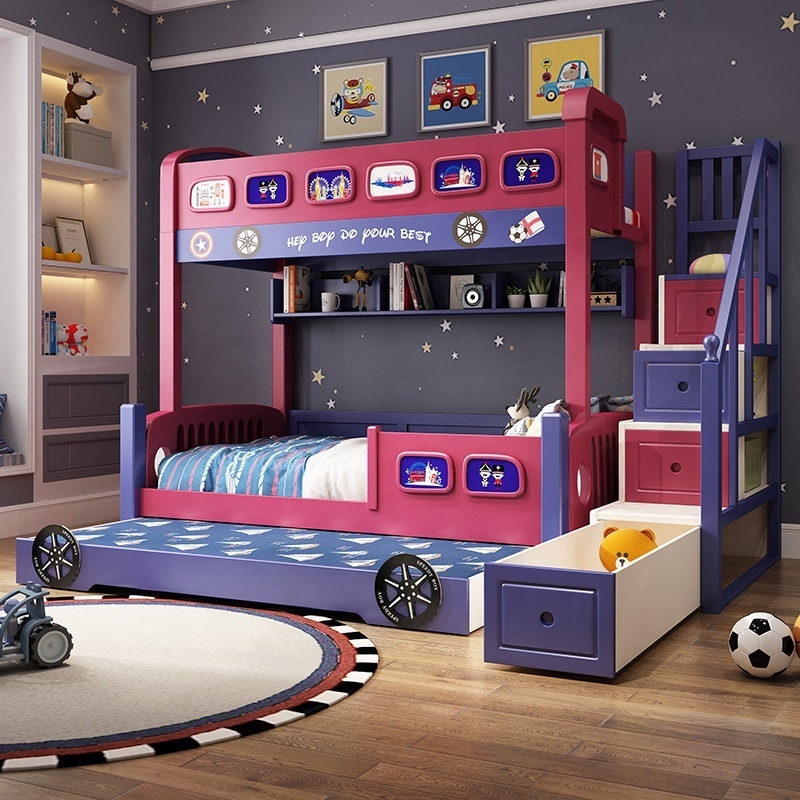 MIDOSO Modern School Home Hotel Hostel Use Furniture Cartoon Car Bunk Beds Teenagers Bedroom Furniture with Storage for Kids