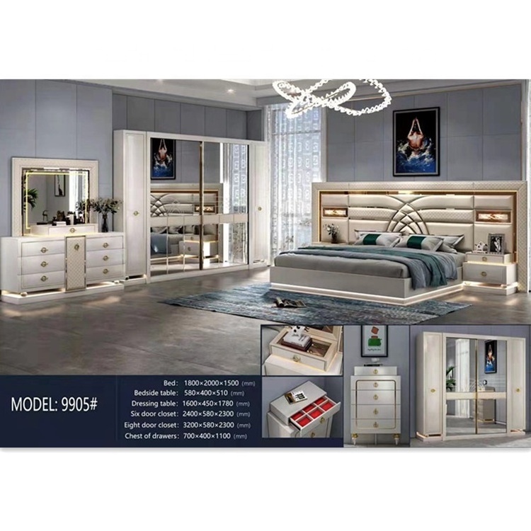 brand new Luxurious king bedroom furniture sets LED lighted modern high gloss complete king size bedroom sets