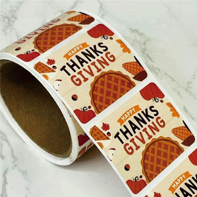 Custom logo thanksgiving sticker waterproof self adhesive thanksgiving food sticker roll