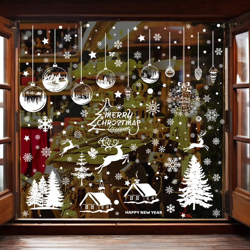 Hot Sale Snow House Christmas Hanging Ball Glass Window Decoration Snow Moose Stickers Window Christmas Stickers