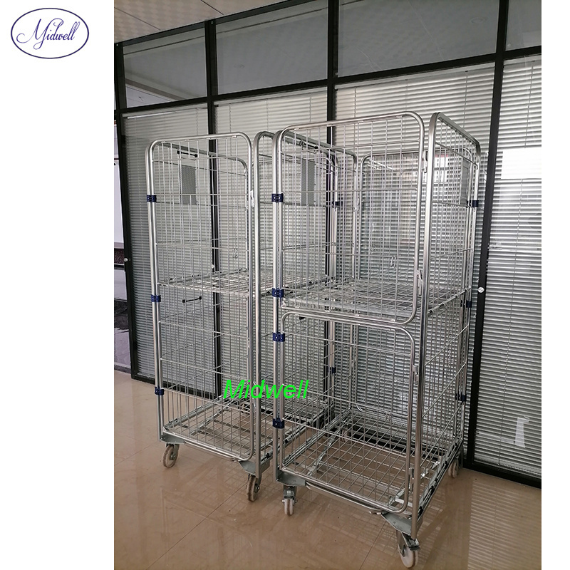 Warehouse Storage Galvanized or Stainless Steel Roll Container Trolley Four Wheels Folding Structure Cart