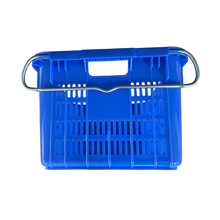 Vegetable mesh plastic crate with metal handle super market fruit grid container for sale