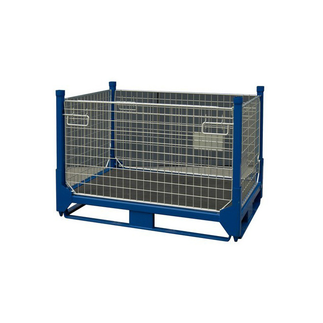 Economic cheap price heavy duty folding wire mesh container steel metal pallet box warehouse cage stillage for sale