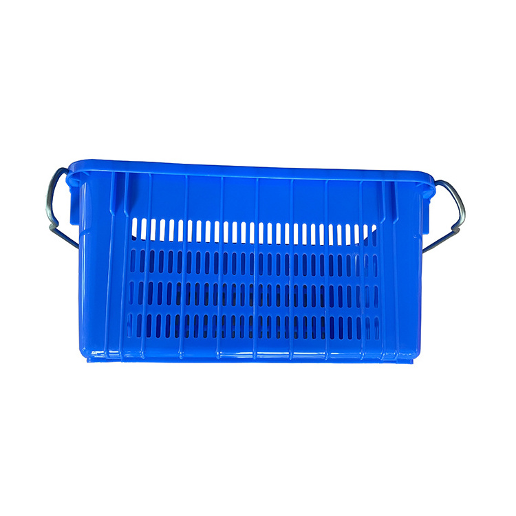 Vegetable mesh plastic crate with metal handle super market fruit grid container for sale