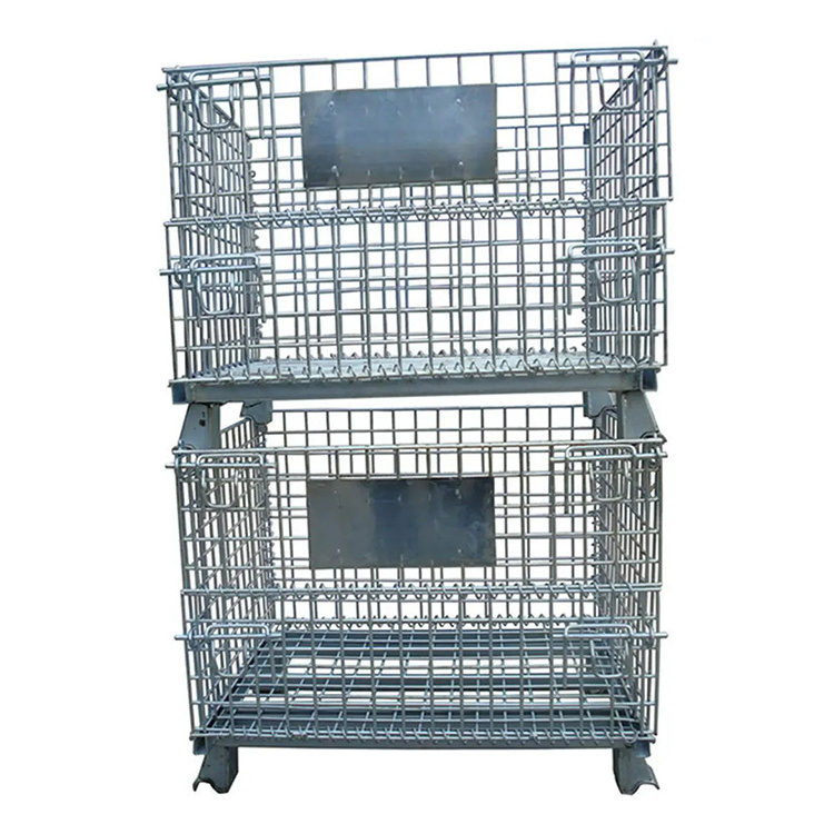 Economic cheap price heavy duty folding wire mesh container steel metal pallet box warehouse cage stillage for sale