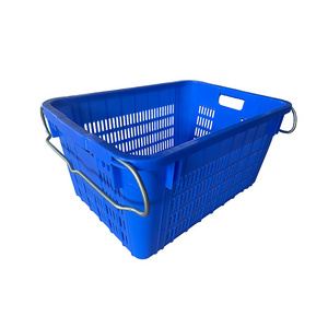 Vegetable mesh plastic crate with metal handle super market fruit grid container for sale