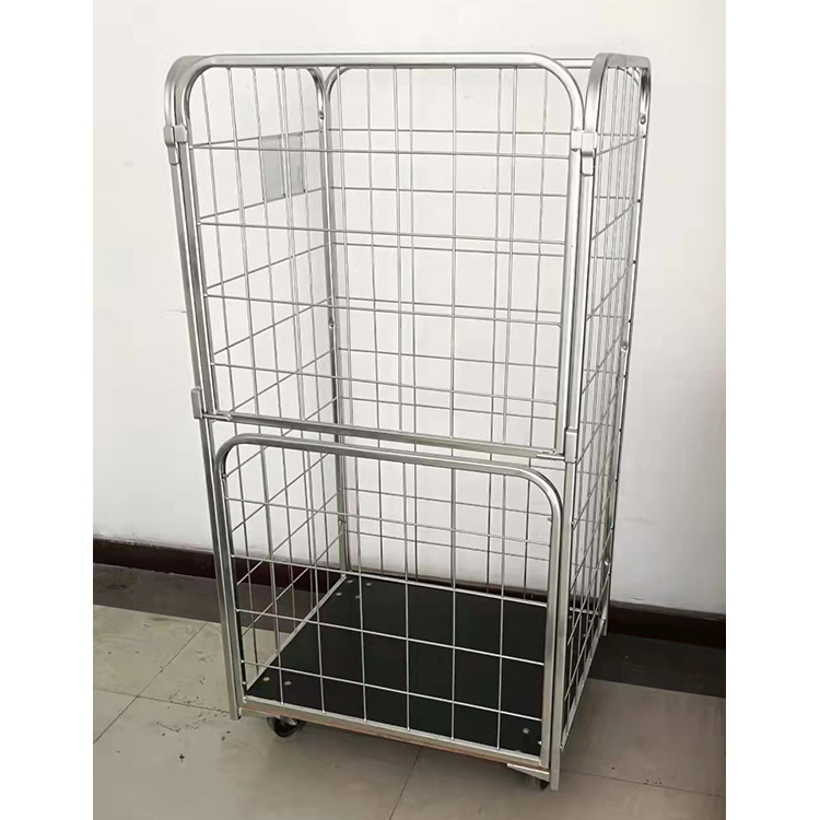 Customized storage half open gate foldable wire mesh metal detachable laundry cage trolley with cover and shelf