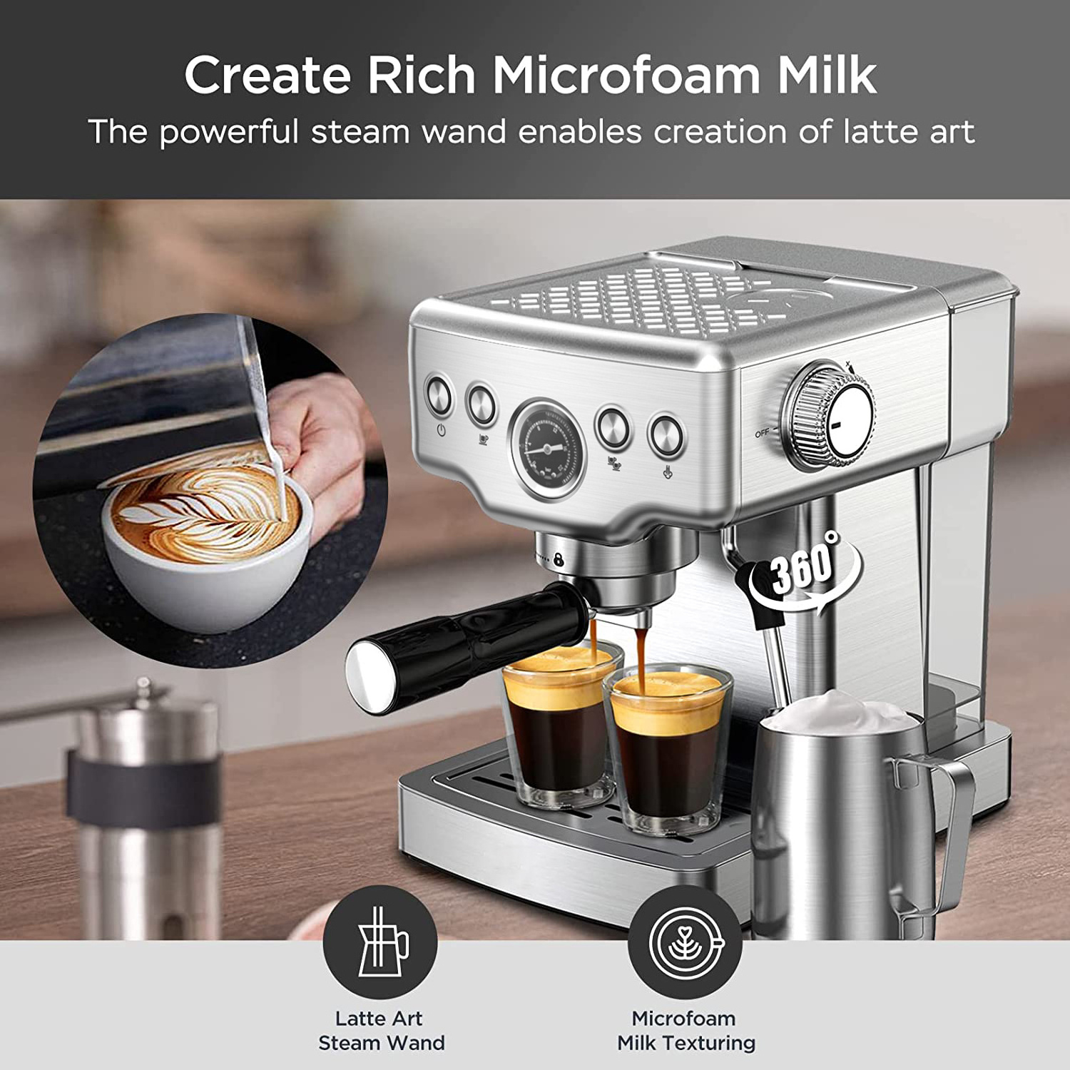 Espresso Coffee Machine Steel Stainless  Coffee Machine 1.8L Water Tank 20Bar  Home Coffee Maker