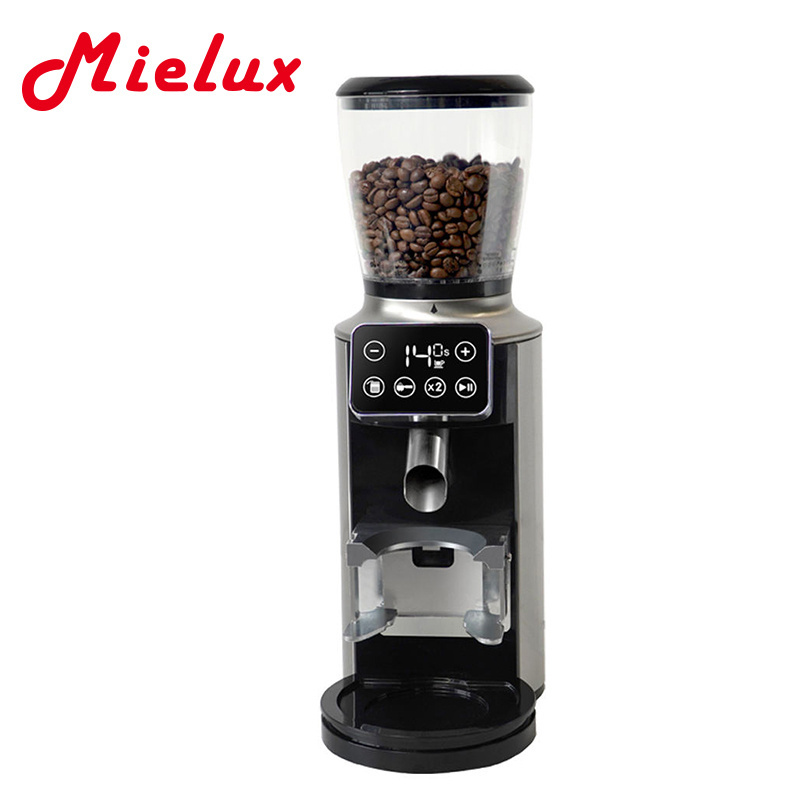 MIELUX Commercial Grade Electric Espresso Coffee Grinder Touch Screen Automatic with Funnel Stainless Housing for Household Use