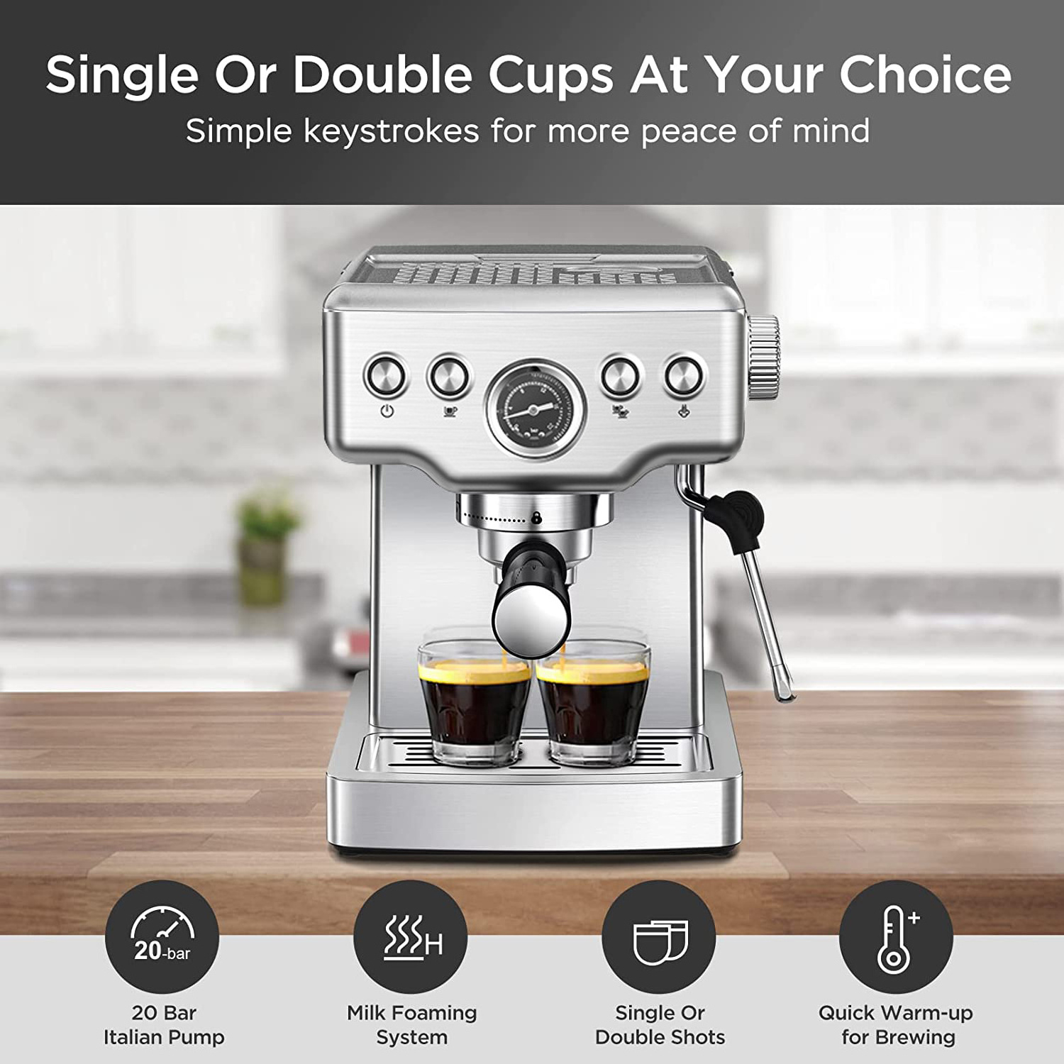 Espresso Coffee Machine Steel Stainless  Coffee Machine 1.8L Water Tank 20Bar  Home Coffee Maker