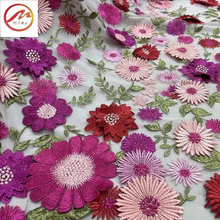 New high quality Bridal dress embroidered flower tulle lace fabric African 3D embroidered applique lace fabric