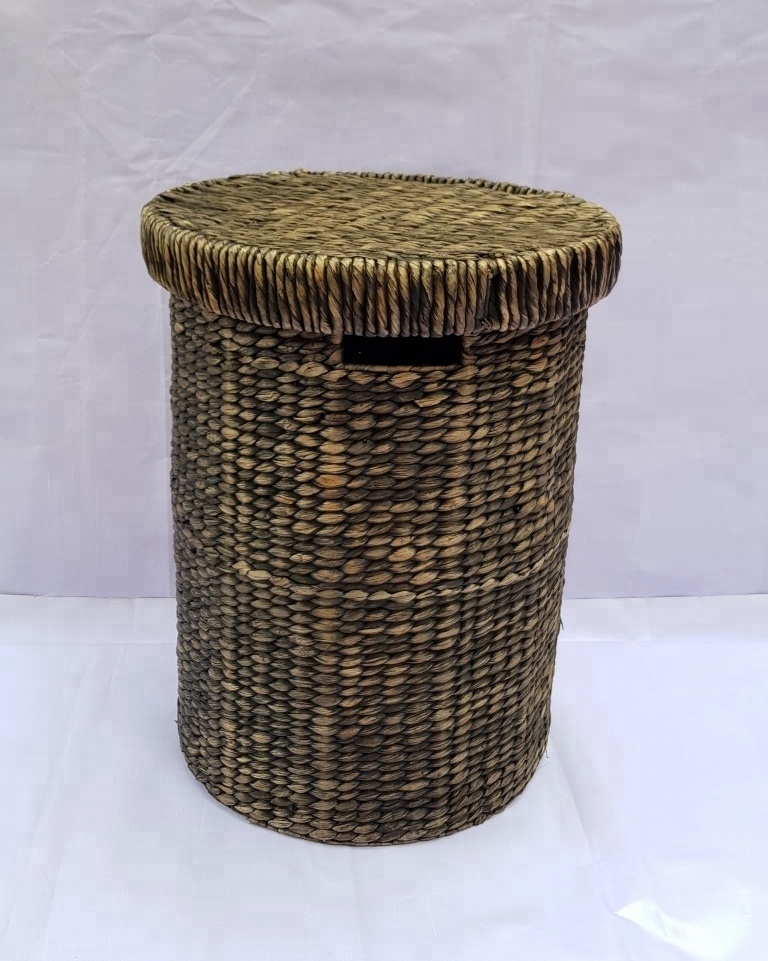 Tall natural high quality water hyacinth basket for laundry storage in black with lid and handles made in Vietnam