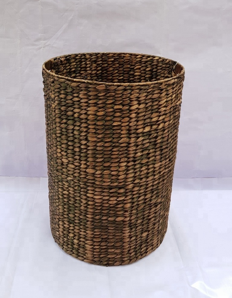 Tall natural high quality water hyacinth basket for laundry storage in black with lid and handles made in Vietnam