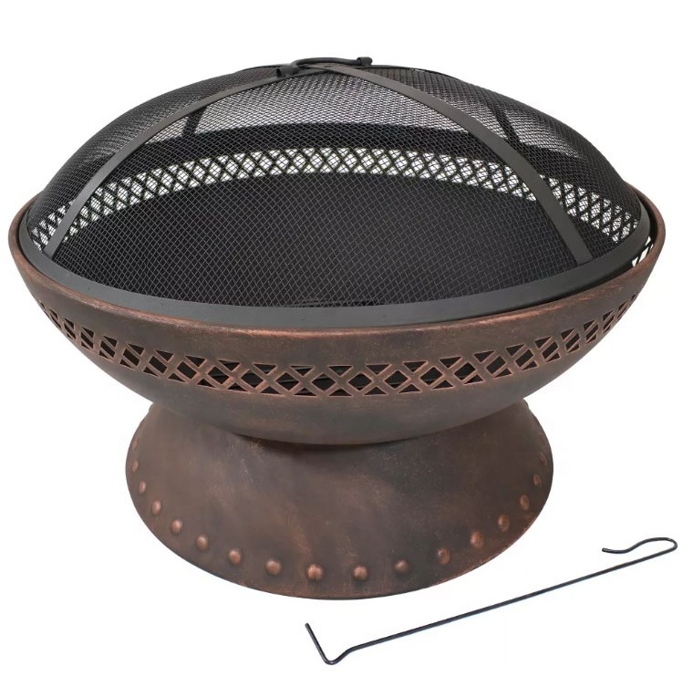 Copper Outdoor Fire Pit Bowl Camping or Backyard Steel Wood Burning Fire Pit with Spark Screen and Log Poker