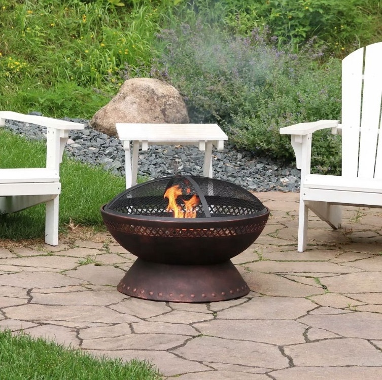 Copper Outdoor Fire Pit Bowl Camping or Backyard Steel Wood Burning Fire Pit with Spark Screen and Log Poker