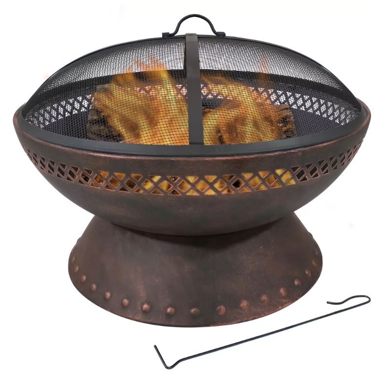 Copper Outdoor Fire Pit Bowl Camping or Backyard Steel Wood Burning Fire Pit with Spark Screen and Log Poker