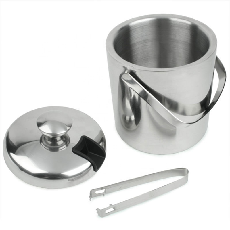 Stainless Steel Double Walled Ice Bucket With Tongs Inside Lid