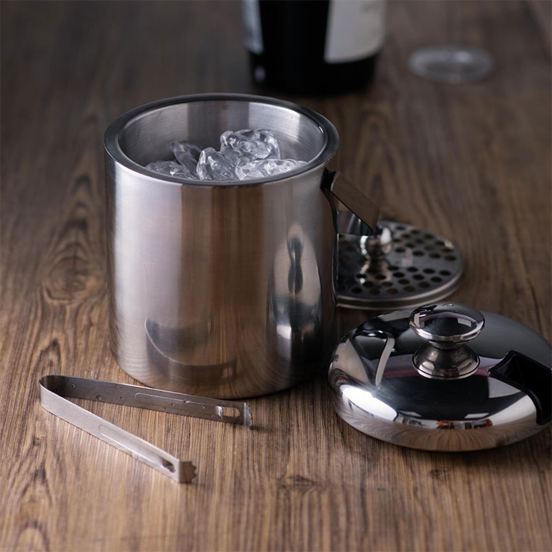 Stainless Steel Double Walled Ice Bucket With Tongs Inside Lid