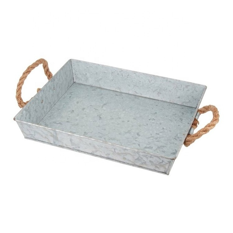 Farmhouse Decor Rectangular Trays Galvanized Metal Serving Tray With Rope Handles