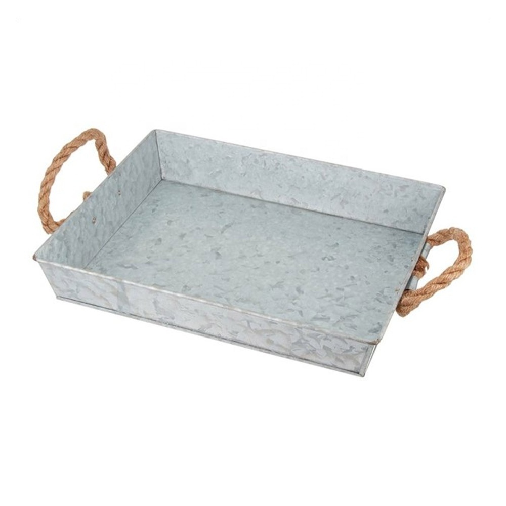 Farmhouse Decor Rectangular Trays Galvanized Metal Serving Tray With Rope Handles