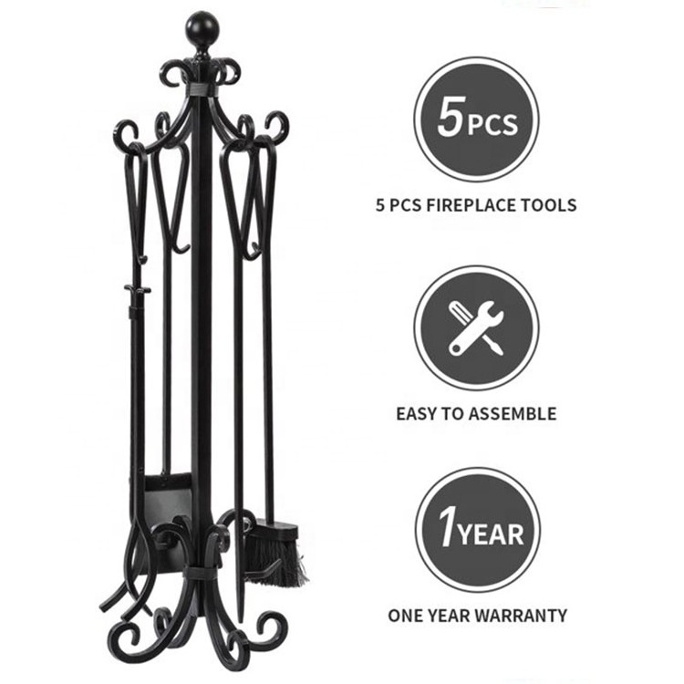 5 Pieces Fireplace Tools Set Cast Iron Indoor Firewood Tools Include Antique Stand Brush Shovel Tong Poker