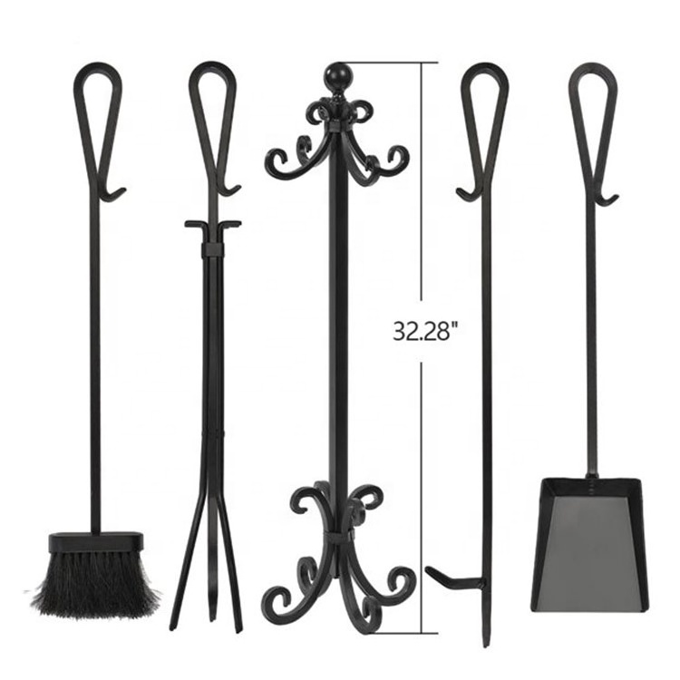 5 Pieces Fireplace Tools Set Cast Iron Indoor Firewood Tools Include Antique Stand Brush Shovel Tong Poker