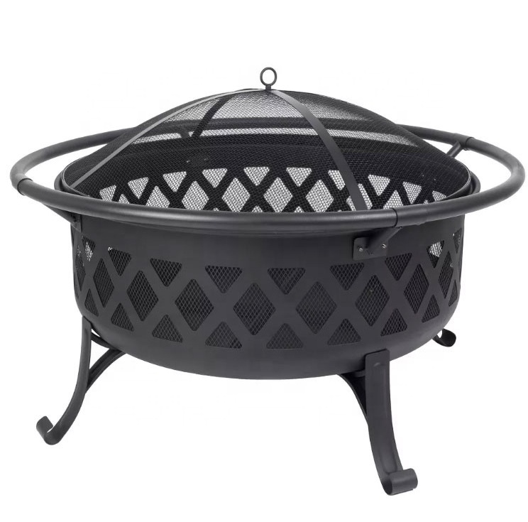 Outdoor Use Black Steel Fire Pit Wood Burning Backyard Firepit for Outside with Spark Screen Outdoor Warming Stocked Feature