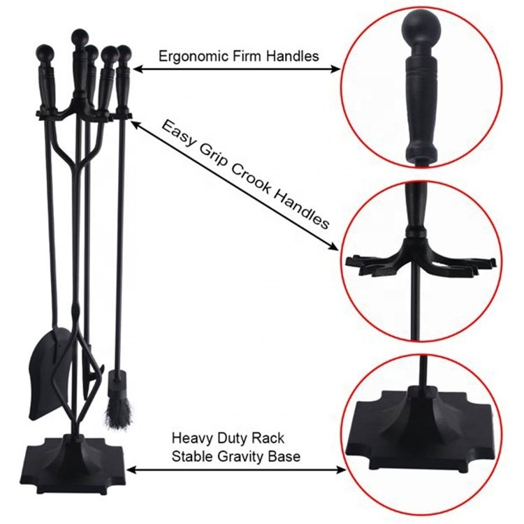 Outdoor Fireset Fire Pit Stand 5 Pcs Fireplace Tools Sets Wrought Iron Large Fire Tool Set and Holder