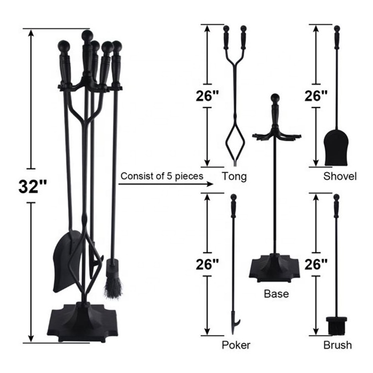 Outdoor Fireset Fire Pit Stand 5 Pcs Fireplace Tools Sets Wrought Iron Large Fire Tool Set and Holder