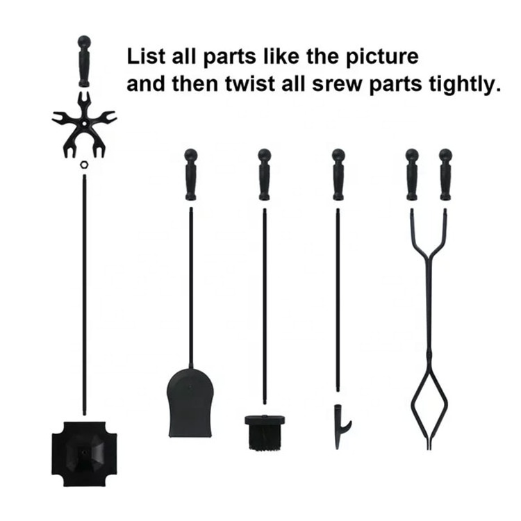 Outdoor Fireset Fire Pit Stand 5 Pcs Fireplace Tools Sets Wrought Iron Large Fire Tool Set and Holder