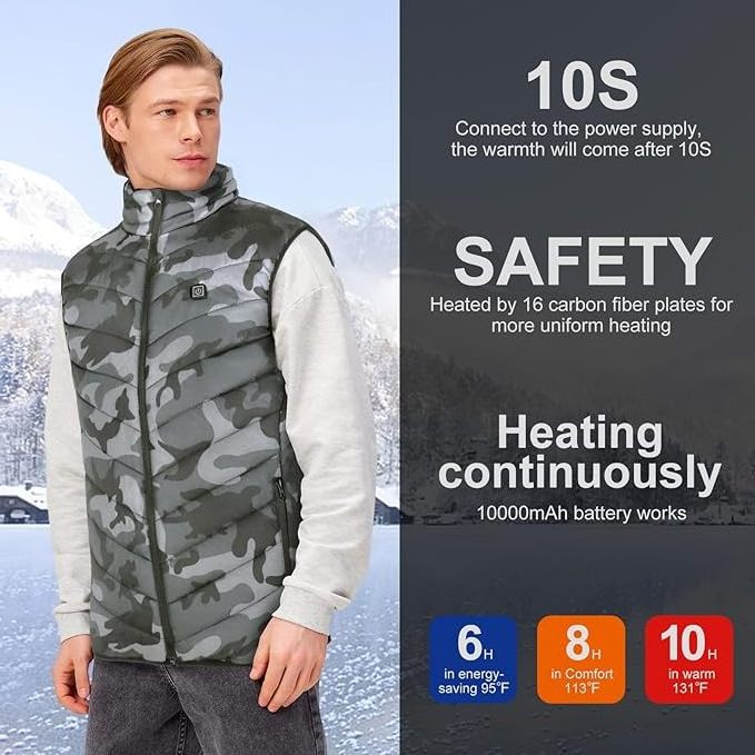 OEM Camouflage Battery Powered Heated Vest Water & Wind Resistant Man woman heated clothing Thermal heated vest