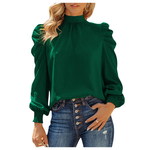 Women's Elegant Floral Mock Neck Blouse Tops Solid Puff Long Sleeve Ruched Work Shirts Spring Summer Autumn Twill V-Neck