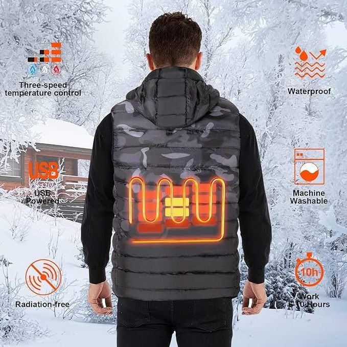 OEM Camouflage Battery Powered Heated Vest Water & Wind Resistant Man woman heated clothing Thermal heated vest