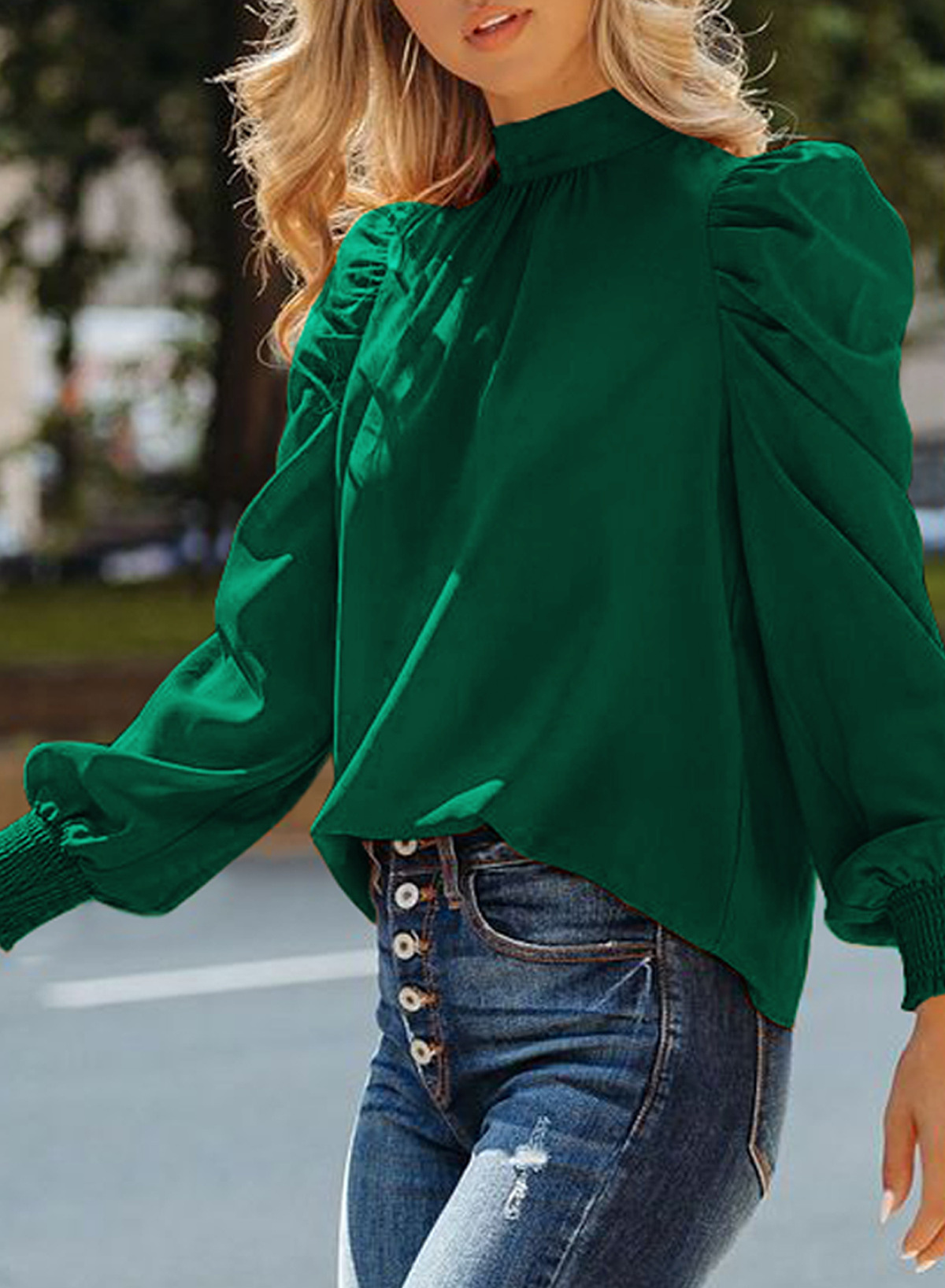 Women's Elegant Floral Mock Neck Blouse Tops Solid Puff Long Sleeve Ruched Work Shirts Spring Summer Autumn Twill V-Neck