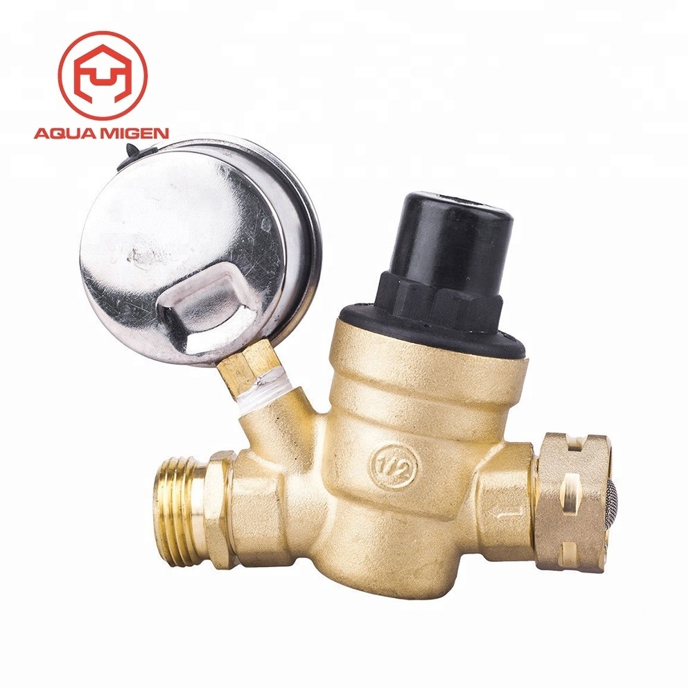 RV Water Pressure Regulator Brass Adjustable Pressure Reducer Valve w Gauge 3/4