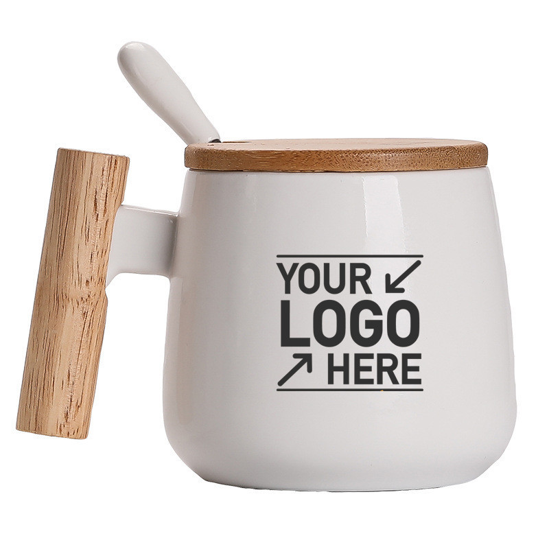 Custom logo  porcelain mug with bamboo lid spoon and wooden handle ceramic coffee mug bone china milk tea cup for gift