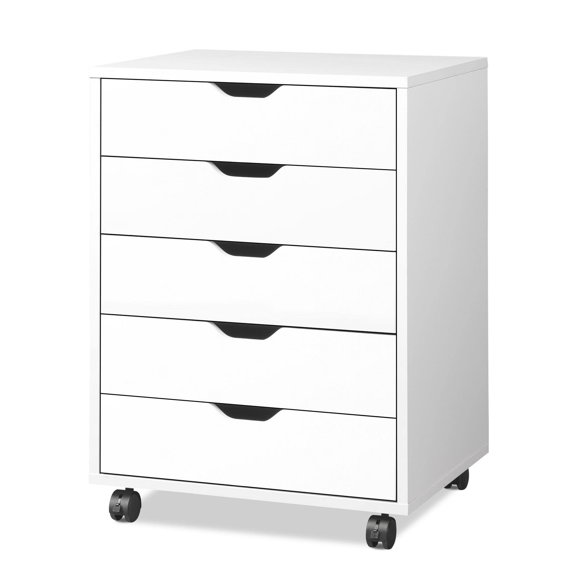 Drawer Chest, Wood Storage Dresser Cabinet with Wheels, White