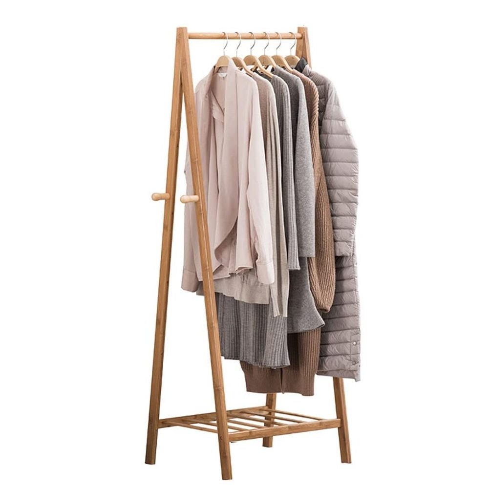 Wooden Clothing Garment Rack Clothes Rails Small Single Rod Bedrooms Hanging Rack with Shelves Heavy Duty Open Wardrobe Coat Sta