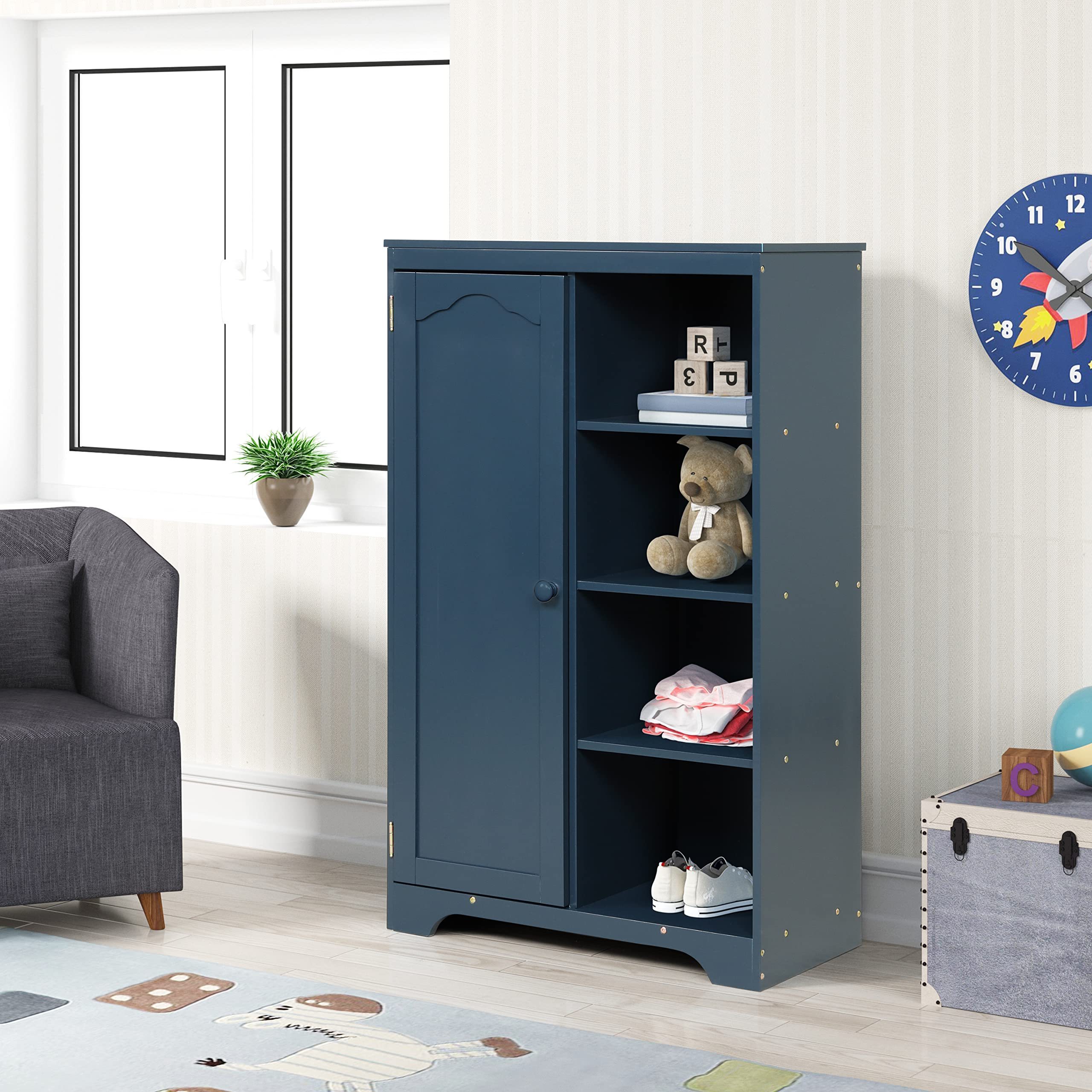 Wardrobe Armoire with 4 Shelves and Hanging Rod, Wooden Dresser with Door Closet, Bedroom Storage Cabinet for Boys Girls (Navy B