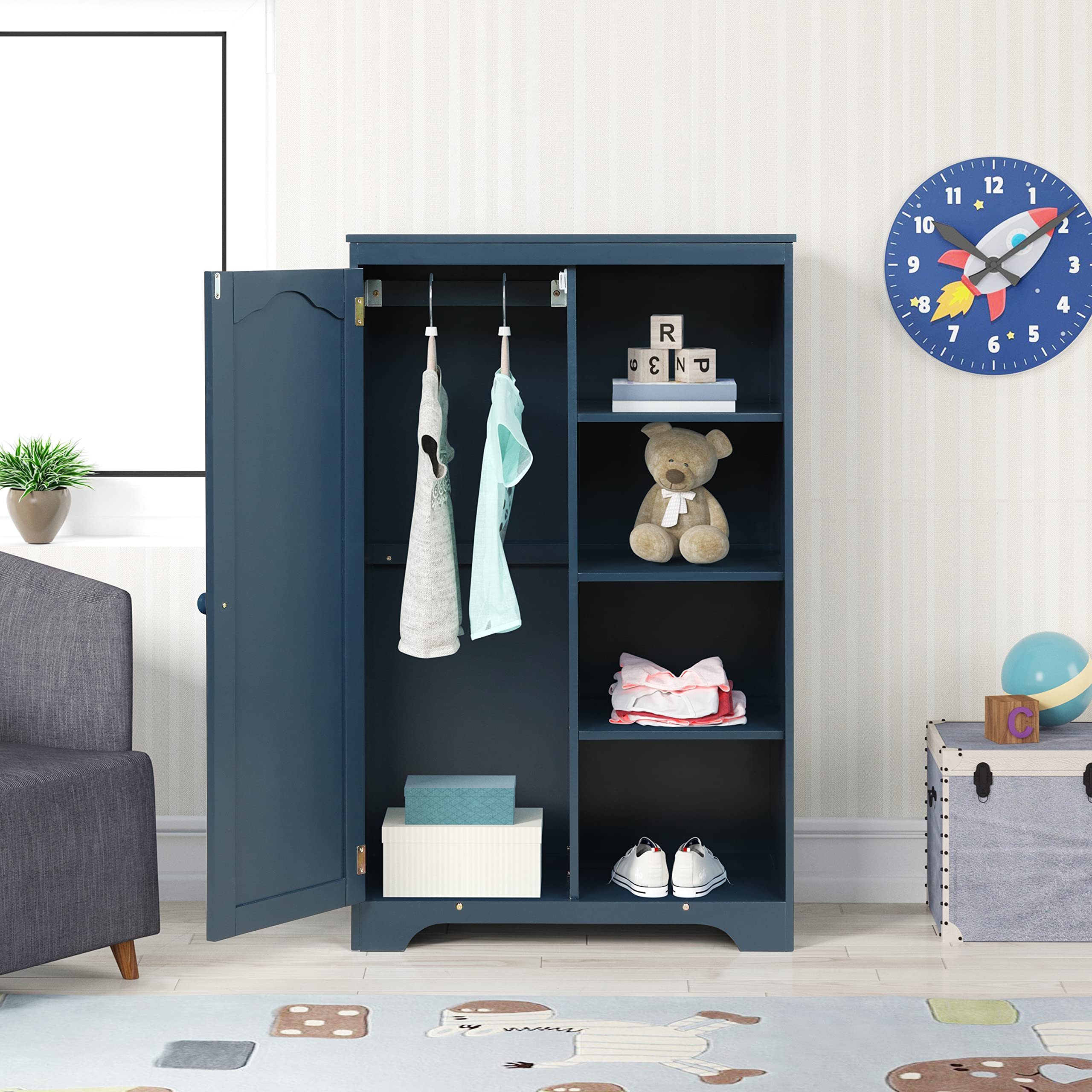 Wardrobe Armoire with 4 Shelves and Hanging Rod, Wooden Dresser with Door Closet, Bedroom Storage Cabinet for Boys Girls (Navy B