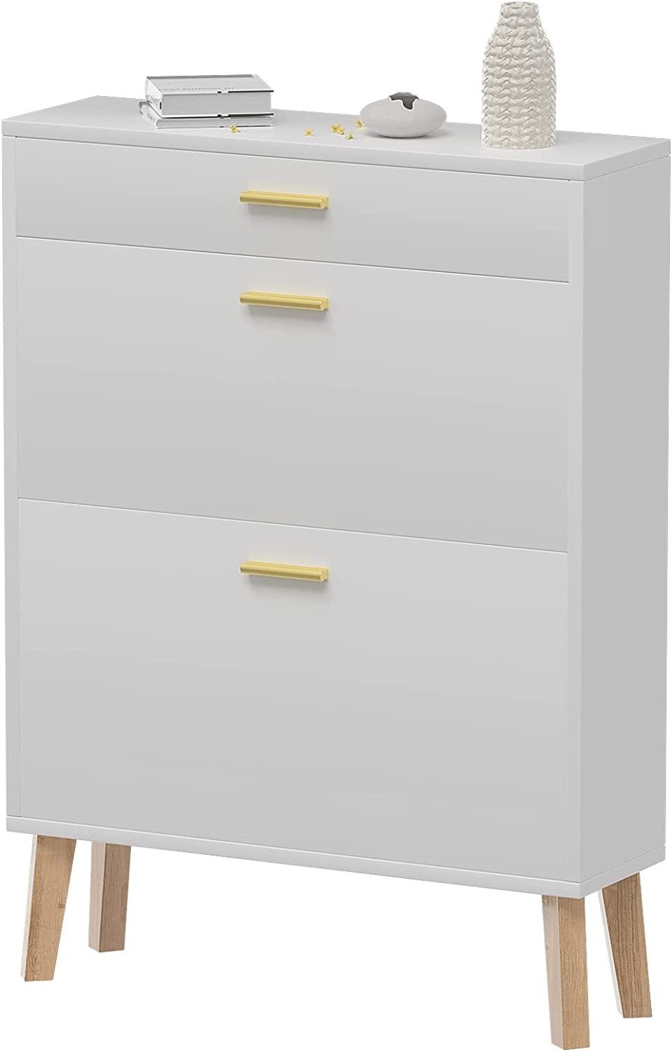 Free Standing Shoe Storage Cabinet, Tipping Bucket Shoe Cabinets with 2 Flip Drawers, Hidden Narrow Shoe