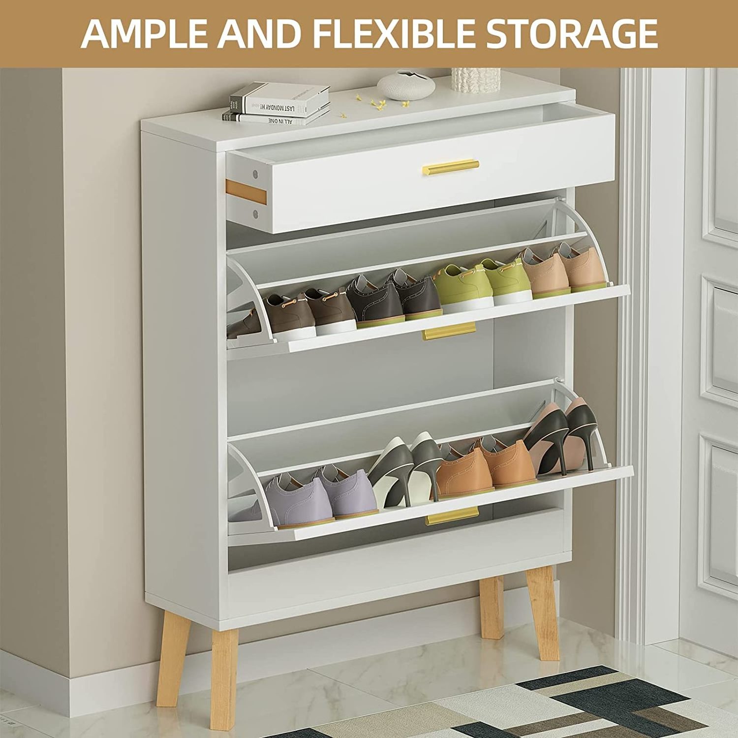 Free Standing Shoe Storage Cabinet, Tipping Bucket Shoe Cabinets with 2 Flip Drawers, Hidden Narrow Shoe