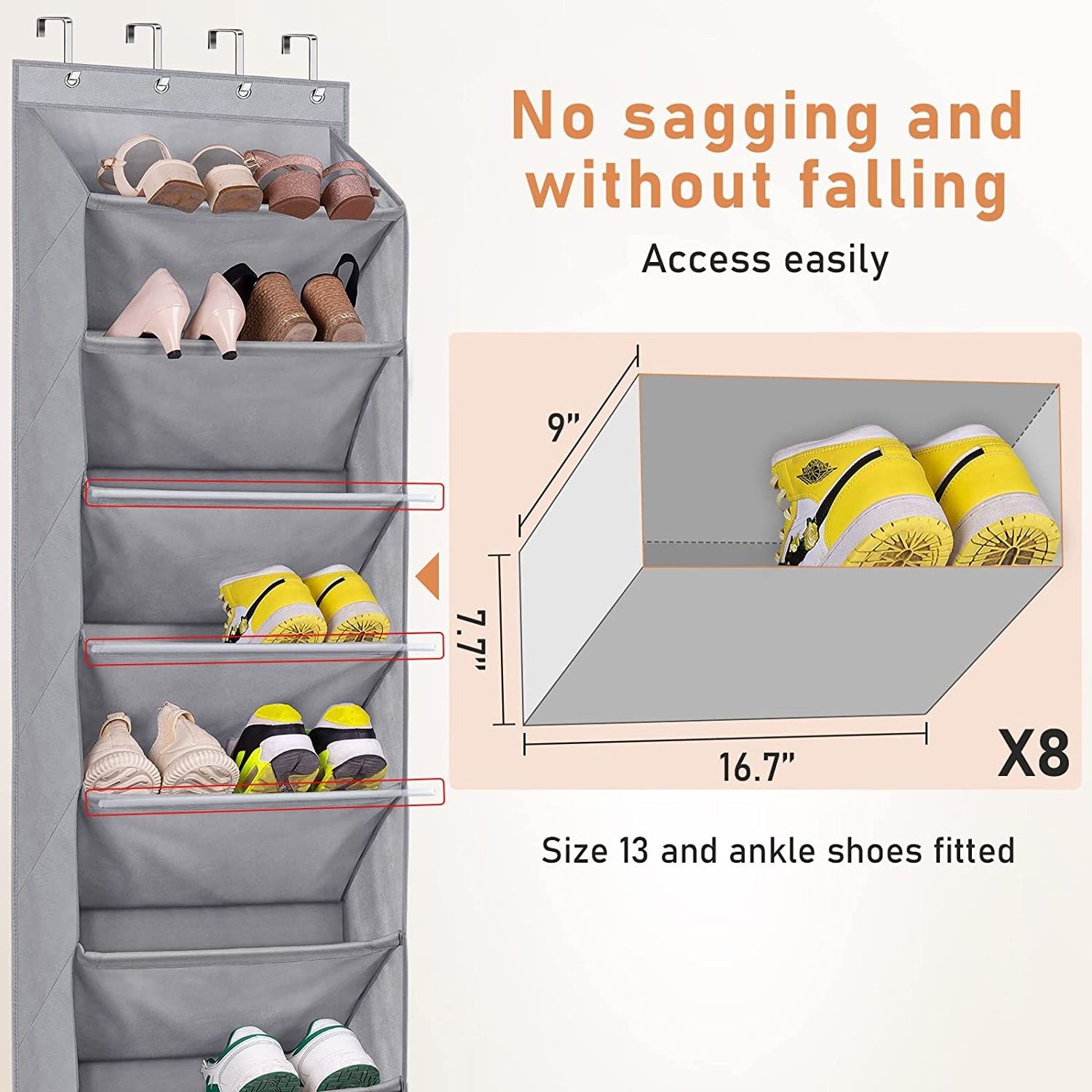 Over the Door Shoe Organizer with 8 Deep Pockets, Hanging Shoe Rack for Closet Hanger Fits 20 Pairs Shoe Holder for Narrow Door